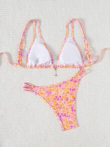 SHEIN Swim Women's Ditsy Floral Halter Bikini Set With Ruffles Decor, Suitable For Beach Holiday, Consists Of Top & Bottom For Summer Beach Vacation - Multicolor - View 2