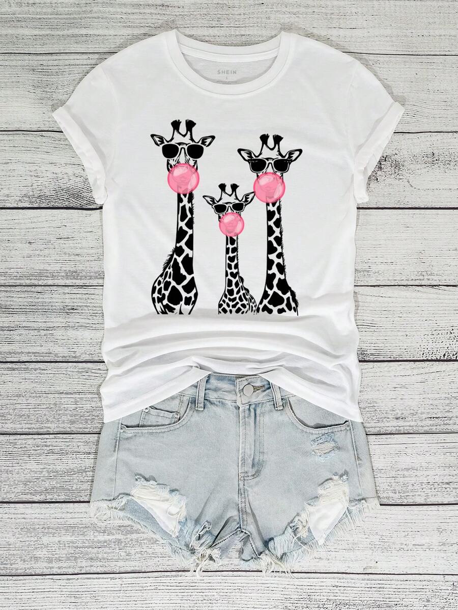 INAWLY 女士休闲短袖圆领图案 T 恤，带有长颈鹿和猎豹印花，时尚常规 T 恤