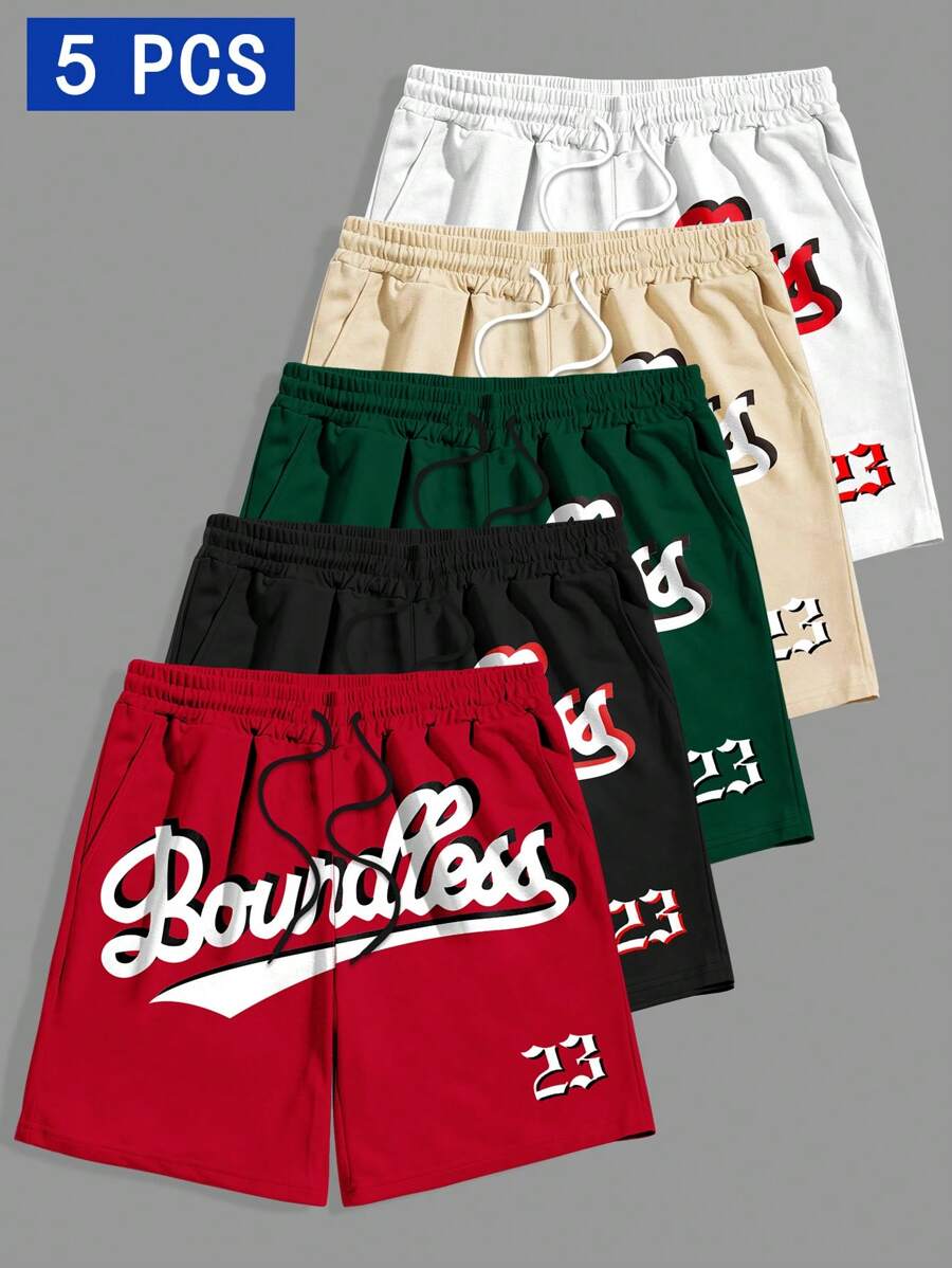 Manfinity EMRG 5-Pack Men's Letter Print Drawstring Waist Pocket Casual Shorts Shorts Men Pack,Men's Loose Letter Patch Design Drawstring Waist Shorts, Fashionable Casual Drawstring Shorts, Great Gift For Husband Or Boyfriend , Pack Of Shorts , Shorts Men Pack , Workout Shorts, Men Shorts Pack - Multicolor - View 1