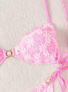 SHEIN Swim Women's Lace Material Pearl Decor Sexy Swimsuit For Summer Beach Vacation - Pink - View 4