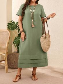 EMERY ROSE Plus Size Solid Color Short Sleeve Casual Vacation Dress Spring Outfits For Women Vacation Country Sage Green - Mint Green - View 6