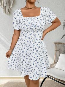 SHEIN Clasi Plus Size Square Neck Short Sleeve Dress, Fashionable For Summer - Blue and White - View 1