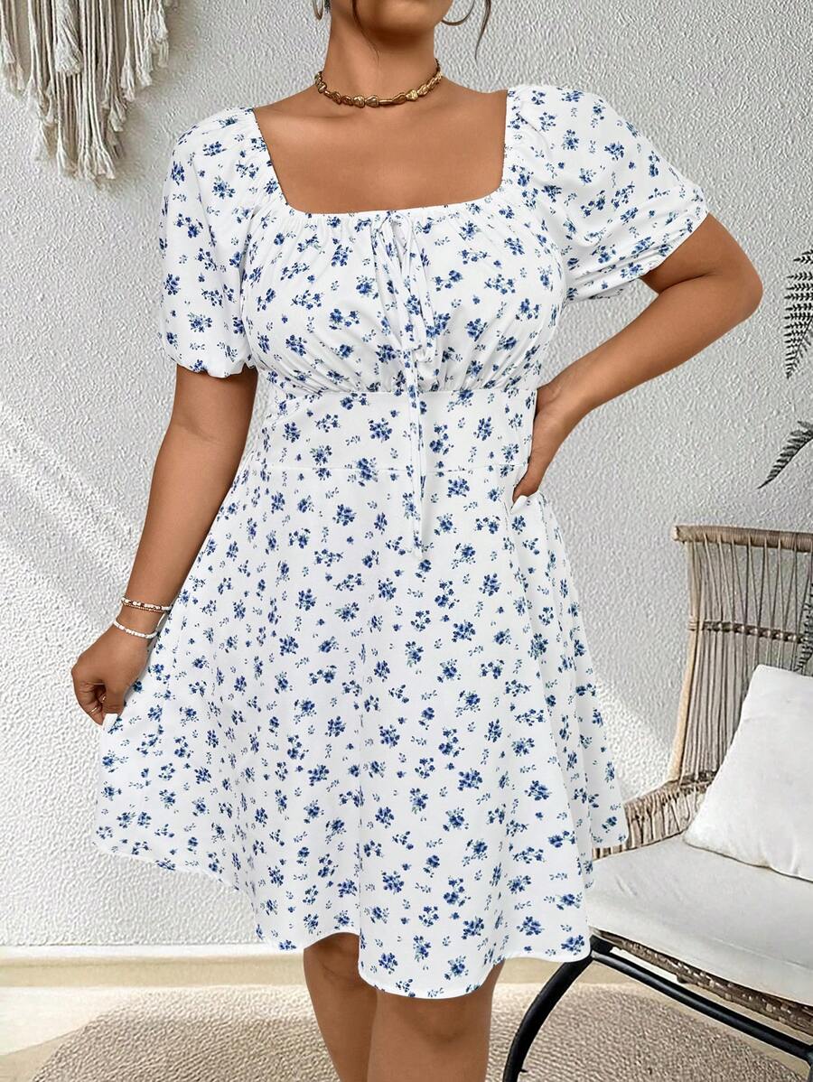 SHEIN Clasi Plus Size Square Neck Short Sleeve Dress, Fashionable For Summer - Blue and White - View 1
