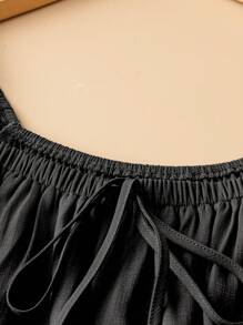 Linhara 2pcs/Set Women Plus Size Solid Color Shirt & Wide Leg Pants Set - Black - View 4