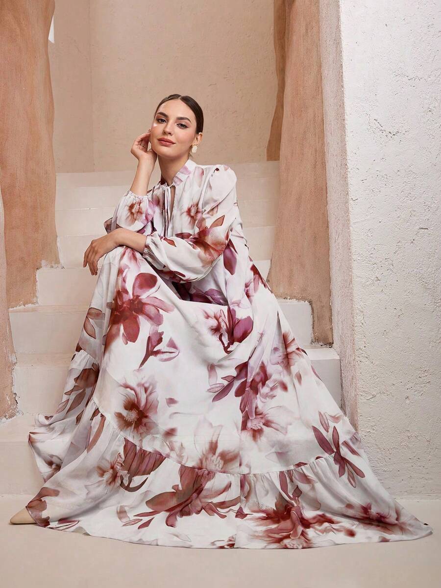 Graceveil Women's Floral Print Ruffled Tie Neck Dress For Vacation Fall Cloth For Women - Red - View 1