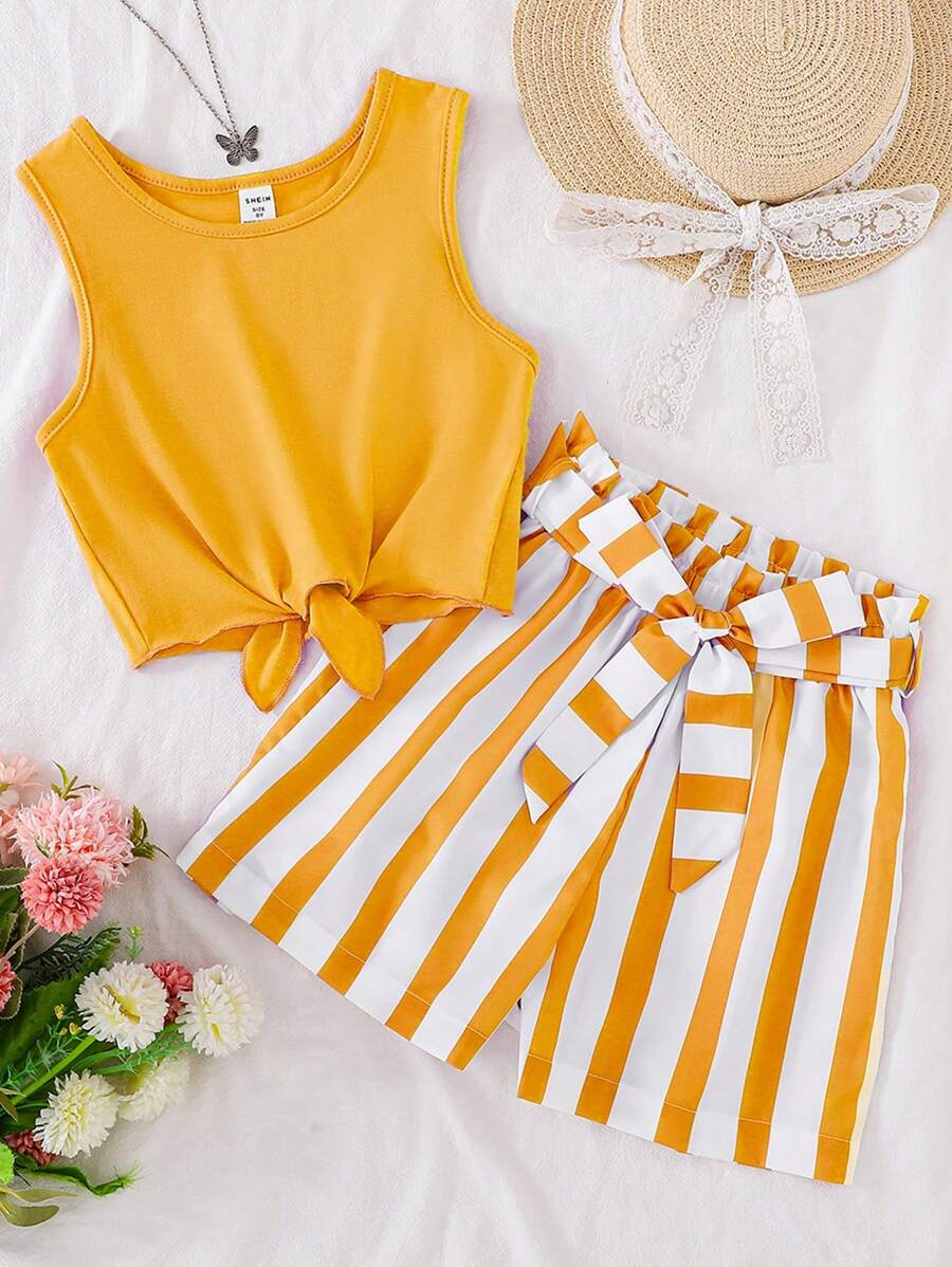 SHEIN Knot Hem Tank Top & Striped Paperbag Waist Belted Short - Yellow - View 1