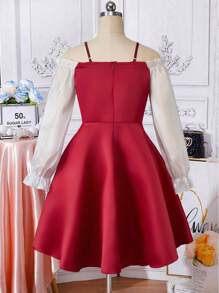 Vestido formal de manga larga con cuello en V, tirantes, parche, satín y organza, dobladillo con volantes y moño decorativo, adecuado para fiestas, bodas, San Valentín, niña de las flores, para adolescentes