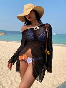 DAZY Women Textured Off Shoulder Split Cover Up Y2k,Beach Outfits Vacation - Black - View 1