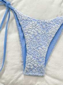 Swim Basics 2pcs Floral Textured Spring Break Vacation Bikini Set - Gold Flower Decor Halter Bra Top And Tie Side Swim Trunks - Blue - View 4