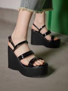 Sugerpunk Women's Fashion Simple Gray Platform Buckle Strap Sandals For Indoor And Outdoor Use - Black - View 3