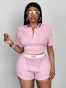 Maweii Set di 2 pezzi composto da top a maniche corte con colletto semi-aperto tinta unita e pantaloncini con bordatura a contrasto, per taglie forti