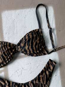 Elavelle Springbreak Women Leopard Print Fabric Random Spaghetti Strap Twist Knot High Cut Sexy Bikini Set For Summer Beach Vacation - Multicolor - View 6