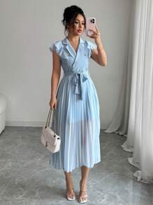 Chiquease Women Elegant Pleated V-Neck Flare A-Line Dress, Solid Color - Baby Blue - View 5