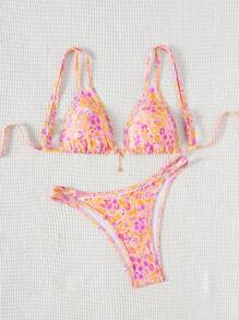 SHEIN Swim Women's Ditsy Floral Halter Bikini Set With Ruffles Decor, Suitable For Beach Holiday, Consists Of Top & Bottom For Summer Beach Vacation - Multicolor - View 3