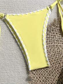 SHEIN Swim Women's New Sexy Solid Color Halter Triangle Back Tie Cutout Triangle Bottoms With Side Tie Bikini Set, Suitable For Summer Beach - Yellow - View 4