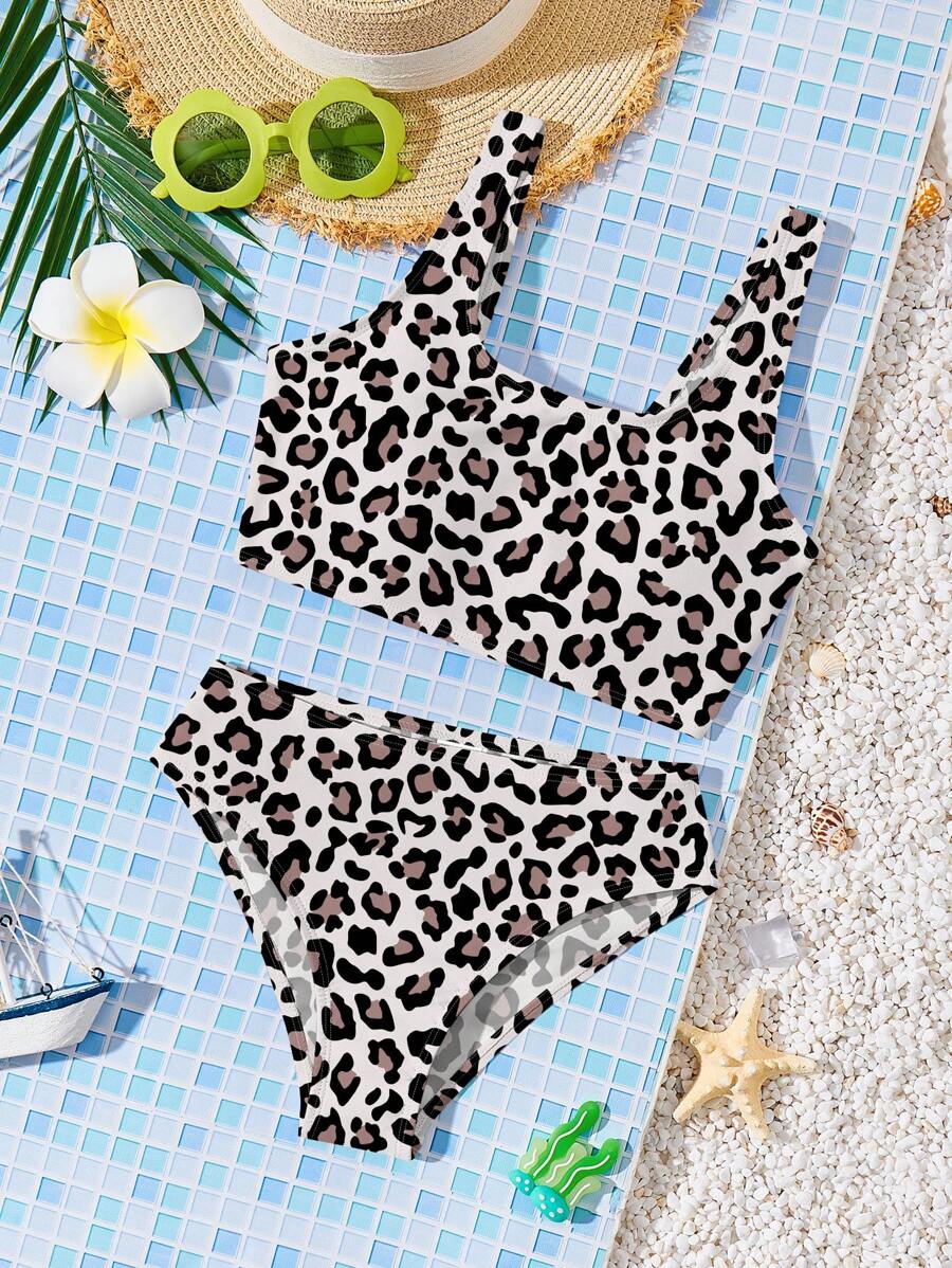 SHEIN Tween Girls Leopard Print Camisole & Triangle Bikini Swimsuit Set, Casual & Stylish For Summer