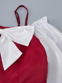 Vestido formal de manga larga con cuello en V, tirantes, parche, satín y organza, dobladillo con volantes y moño decorativo, adecuado para fiestas, bodas, San Valentín, niña de las flores, para adolescentes