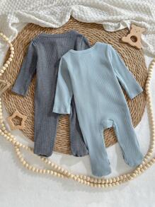 Loomiva 2pcs Set Newborn Baby Boy/Girl Solid Color Soft Knit Crew Neck Long Sleeve Romper With Footsies - Multicolor - View 2