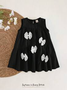 Cozy Pixies Baby Girl 3D Bow Round Neck Sleeveless Casual Versatile Dress - Black - View 3