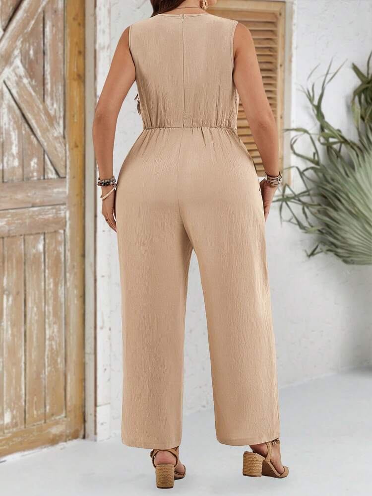 Plus Size Summer Minimalist Khaki Solid Color V-Neck Textured Jumpsuit,Smart Casual Vacation Outfits For Women,Holiday Festival Boho Everyday Wear
