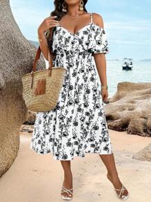 SHEIN Clasi Plus Size Women Off Shoulder Big Floral Print Waist Cinched Dress - Black and White - View 1