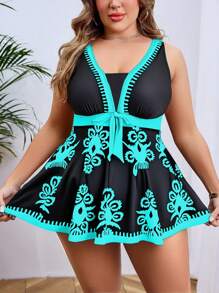 SHEIN Swim Curve 大码泳衣裙，细肩带，时尚，适合夏季 - 彩色 - 查看 4