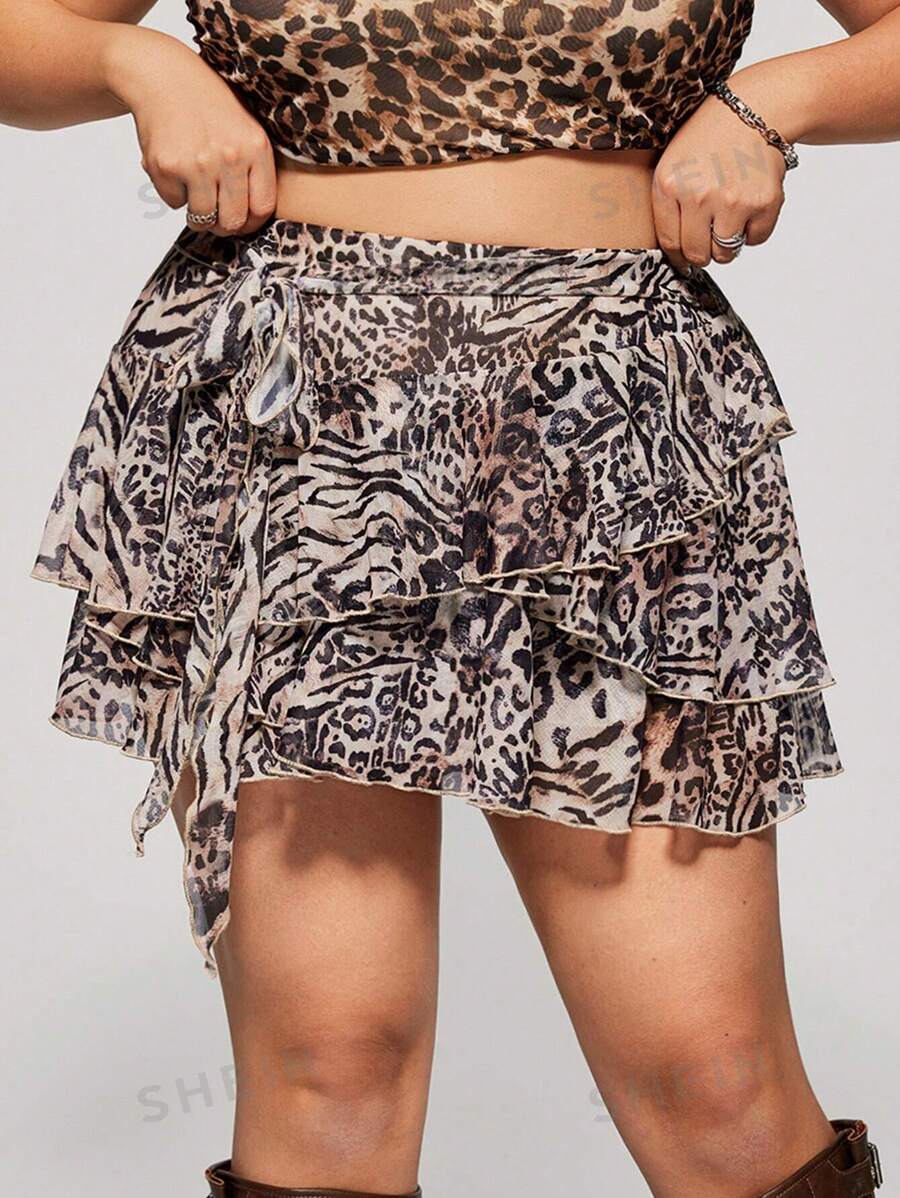 SHEIN ICON Falda de mujer de talla grande con estampado de leopardo y diseño de capas