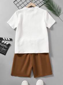 SHEIN Explorewe 2pcs/Set Teenager Boys Casual Vintage White Textured Knit Short Sleeve T-Shirt + Elastic Waist Pants, Leisure Outfit