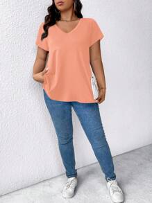 EMERY ROSE Plus Size Plain V-Neck Short Sleeve T-Shirt, Fashionable For Summer - Baby Pink - View 5