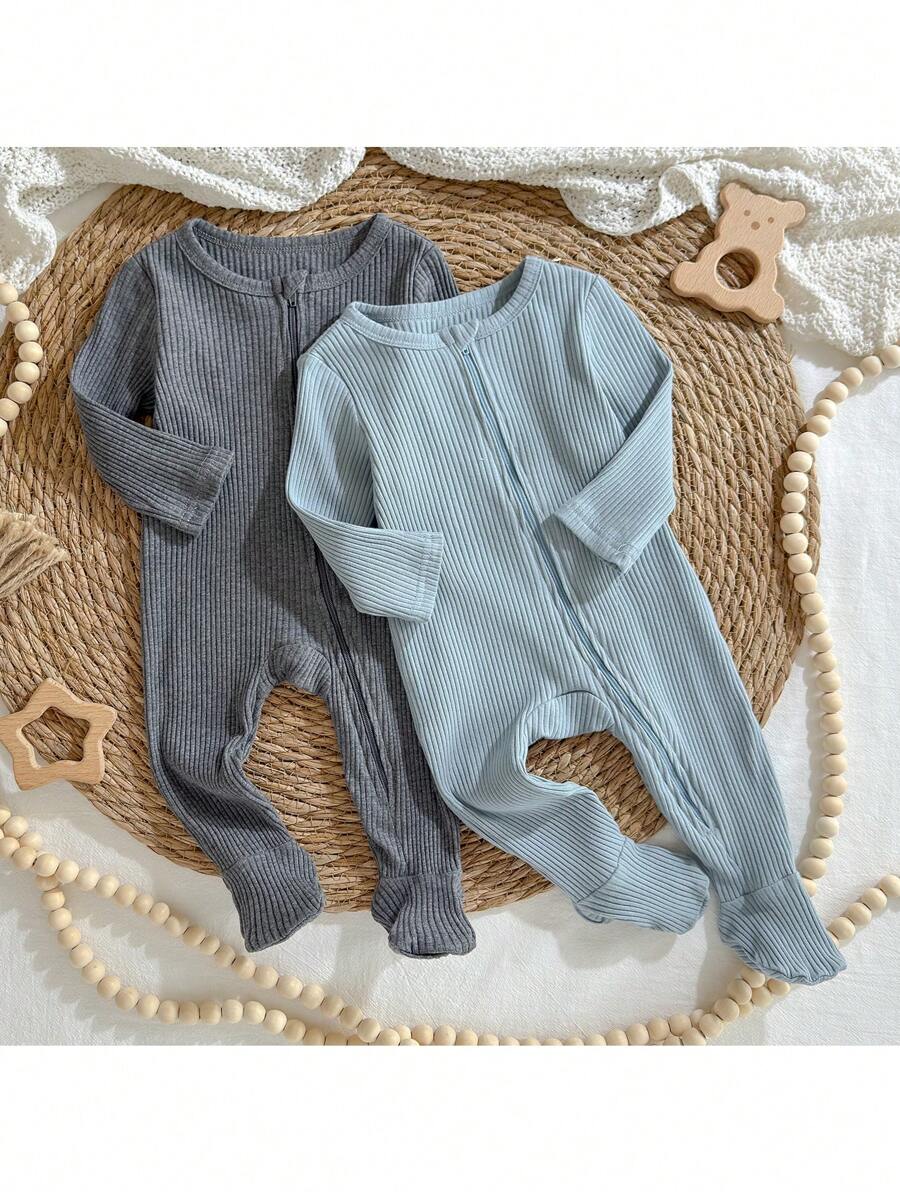 Loomiva 2pcs Set Newborn Baby Boy/Girl Solid Color Soft Knit Crew Neck Long Sleeve Romper With Footsies - Multicolor - View 1