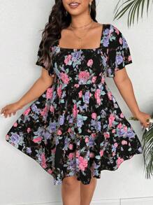 Flirla 方领套头碎花连衣裙，夏季时尚 - 黑色 - 查看 1