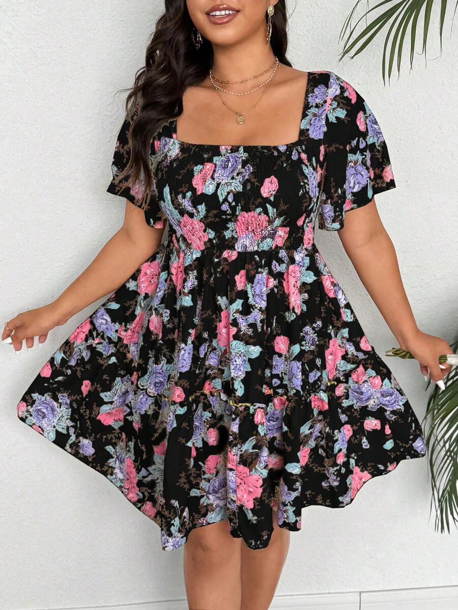 Flirla 方领套头碎花连衣裙，夏季时尚 - 黑色 - 查看 1