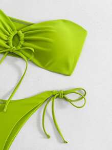 SHEIN Swim Women's Summer Beach Solid Color Bandeau Tie Front Sexy Bikini Swimsuit Set, Wireless - Olive Green - View 4