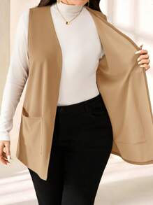 EMERY ROSE Plus Size Solid Color Sleeveless Loose Pocket Simple Casual Jacket,Spring/Summer In Fall/Winter - Camel - View 4
