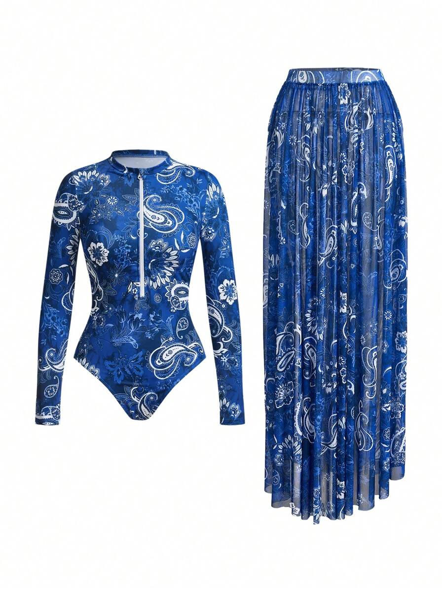 Swim Oasis 2pcs Elegant High-End Women Navy Blue Boho Print Long Sleeve Front Zipper One-Piece Modest Swimsuit & Coverup Set For Summer Beach Vacation - Multicolor - View 1