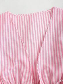 Sweetra 女士条纹系带长袖衬衫，简约风格适合夏季