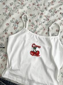 Attitoon Soft Comfortable Cherry Embroidery Pattern Tight-Fitting 95% Cotton Camisole Tank Top, Suitable For Spring And Summer,Embroidery - White - View 6