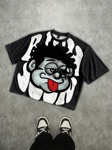 Manfinity EMRG Men's Street Loose Distressed Quirky Oversized Graphic Print Short T-Shirt Men's Cropped Tops, Men's Cropped Graphic Shirts, Graphic Tees Men Crop, Men Oversized Crop Printed, Oversized T Shirt Men Anime