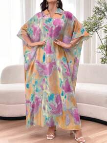 Al Najma Váy thường ngày tay ngắn rộng rãi cổ chữ V nhuộm loang màu, Xuân/Hè - Đỏ - Xem 5