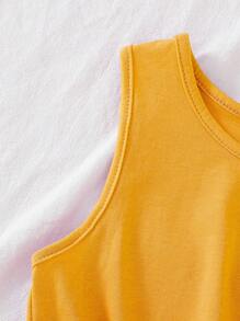 SHEIN Knot Hem Tank Top & Striped Paperbag Waist Belted Short - Yellow - View 3