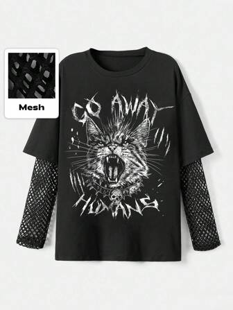 Goth Plus Size Gothic Cat Print & Mesh Panel Loose T-Shirt For Women, Back To School