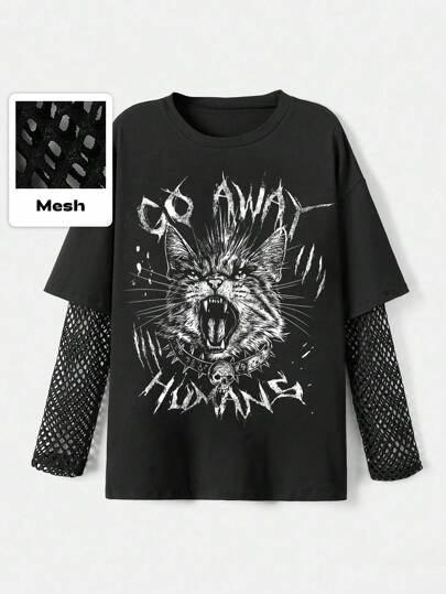 Goth Camiseta holgada de talla grande con estampado de gatos gótico y panel de malla para mujeres, vuelta al colegio