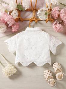 SHEIN Babygirl Shirt Top, Woven Short Sleeve Embroidered Collar Blouse, Suitable For Vacation, Outing, Countryside And More