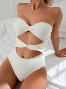 SHEIN Swim Women's Flattering One-Piece Swimsuit, Slim-Fitting Black, For Beach Vacation - Apricot - View 3