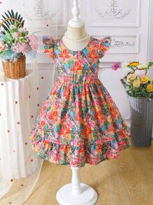Váy nơ nhiều màu in họa tiết hoa và nhiệt đới cho bé gái ngày lễ, mùa hè, du lịch, phù hợp cho các dịp lễ, thường ngày và đi học - Nhiều màu - Xem 6