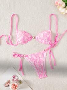 SHEIN Swim Women's Lace Material Pearl Decor Sexy Swimsuit For Summer Beach Vacation - Pink - View 1