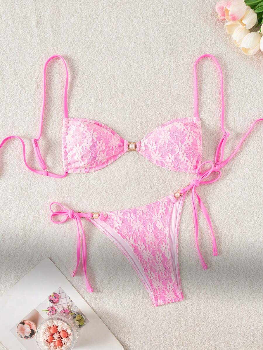SHEIN Swim Women's Lace Material Pearl Decor Sexy Swimsuit For Summer Beach Vacation - Pink - View 1