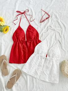 Soleia 2pcs/Set Women Casual Backless Ruched Halter Tie Knot Cami Top Set, Suitable For Summer, Vintage Retro Style, Casual Holiday Style, Sexy Style, Cute Y2K Coconut Girl Boho Music Festival Styles