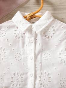 SHEIN Babygirl Shirt Top, Woven Short Sleeve Embroidered Collar Blouse, Suitable For Vacation, Outing, Countryside And More