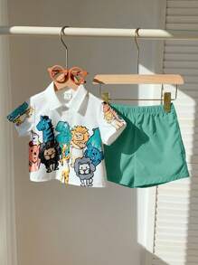 SHEIN Bộ 2 món/Bộ đồ cho bé trai/bé gái dễ thương họa tiết hoạt hình áo sơ mi tay ngắn và quần short kaki cạp chun, mùa hè - Nhiều màu - Xem 6